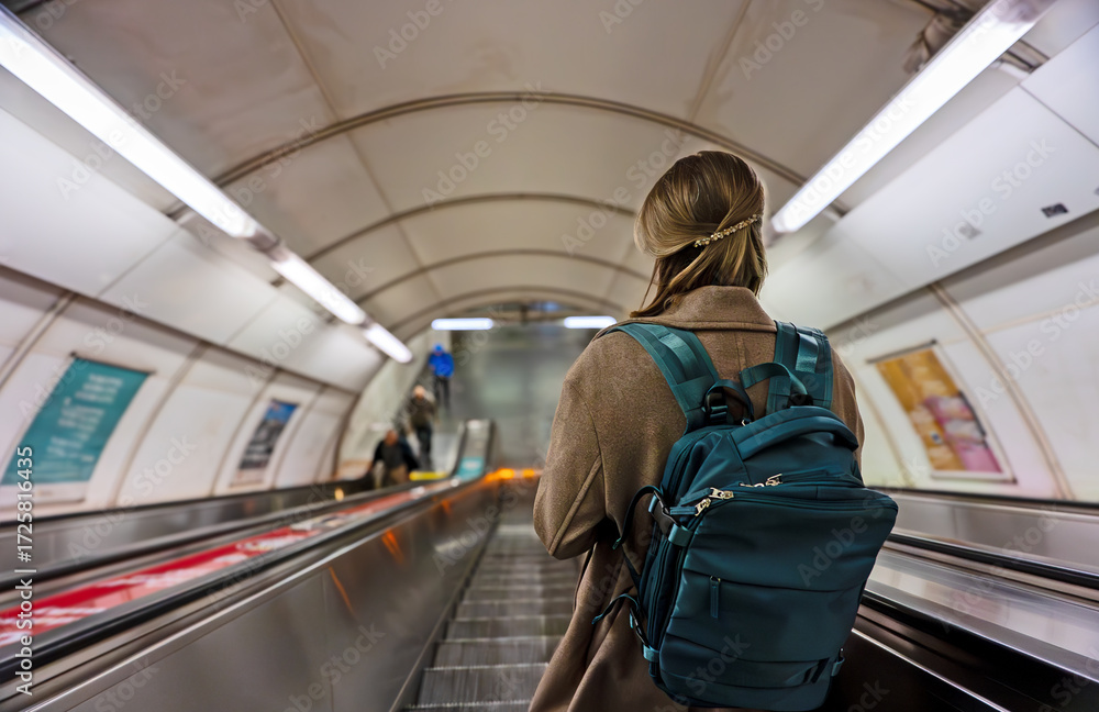 Obraz premium Woman using the escalator in the subway.