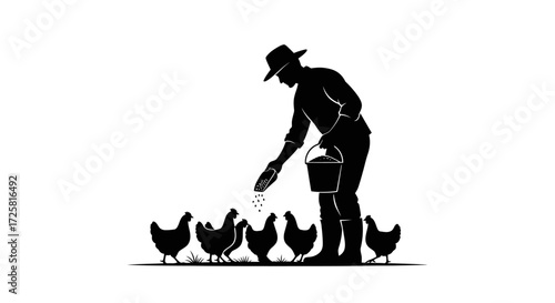 Farmer feeding chickens in a classic farm scene