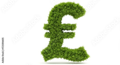 Green Pound Sign Symbol - A 3D of a British pound symbol (£) made of lush green grass, isolated on a white background. Represents eco-friendly finance