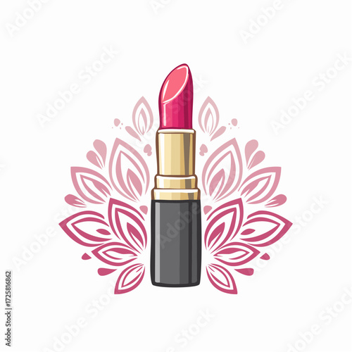 Elegant pink lipstick illustration with a floral mandala ornament, a feminine cosmetic logo design
