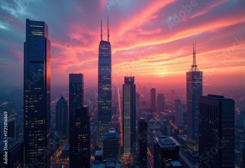 Skyscrapers Silhouetted Against Vibrant Sunset Colorful Clouds Urban Landscape Dramatic Skyline Twilight Illumination