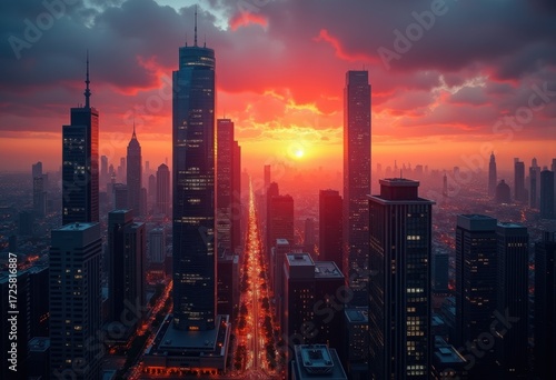 Skyscrapers Silhouetted Against Vibrant Sunset Colorful Cityscape Urban Skyline Dramatic Atmosphere