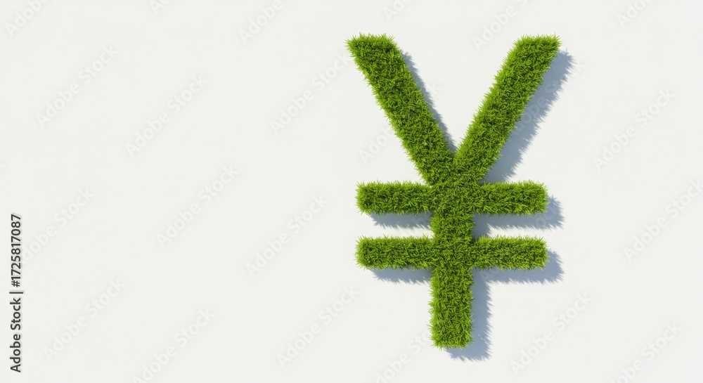 Obraz premium Green Yen Symbol, Plant-Based Currency - A yen symbol formed from lush green grass, symbolizing growth, sustainability, eco-friendly finance, nature, and economic prosperity