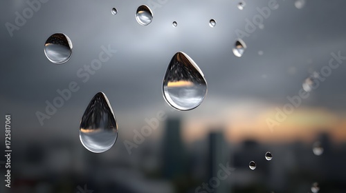 Raindrops on Glass with Blurred City Background at Dusk and Dramatic Cloudy Sky
