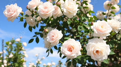 White bush roses on a background of blue sky in the sunlight. Beautiful spring or summer floral background.