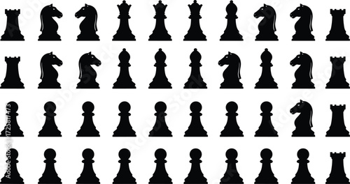 Collection of chess piece silhouettes including pawn, rook, knight, bishop, queen, and king for strategy, board game, and design concepts