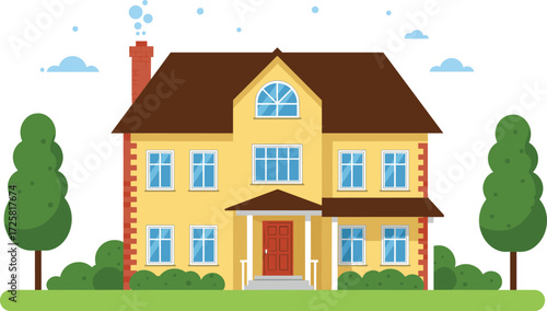 Yellow suburban house illustration, large family home vector, modern residential property design, cozy cartoon architecture with garden landscape
