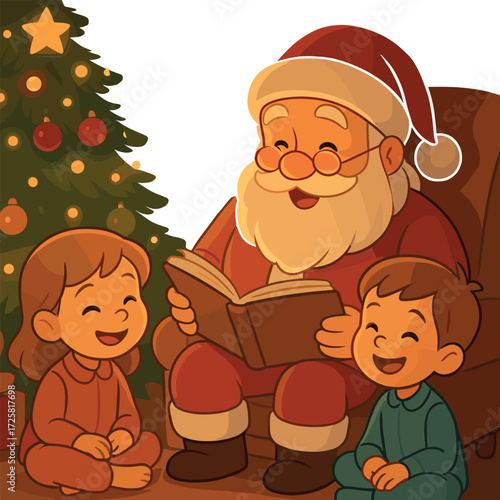 Santa Claus is joyfully reading a storybook to two happy children sitting by a decorated Christmas tree, creating a warm and festive holiday moment.