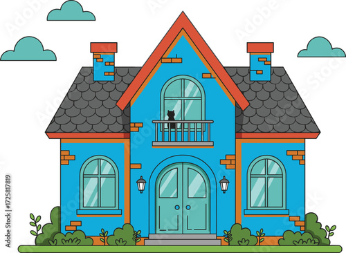 Charming cartoon house illustration, colorful family home vector, cozy suburban property artwork, playful residential building clipart design