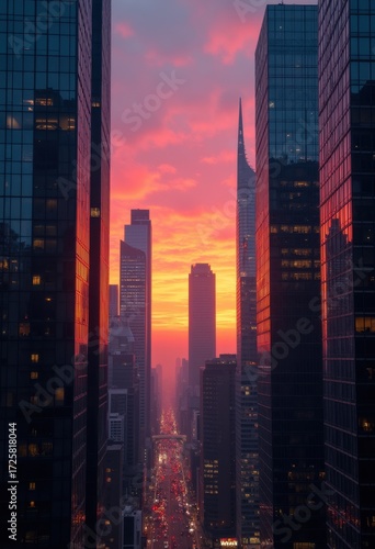 Stunning Skyscraper Silhouettes Against Vibrant Sunset Sky Colorful Urban Skyline Evening Illumination