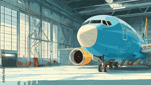 Large blue commercial airplane stationed in spacious hangar with natural daylight for advertising.
