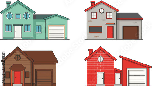 Set of suburban houses with garages, colorful residential home illustration, vector architecture design, modern family housing clipart