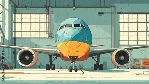 Large blue and yellow commercial airplane parked in spacious hangar under bright daylight for aviation marketing.

