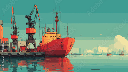 Vibrant red cargo ship docked at busy industrial port under clear sky for marketing.
