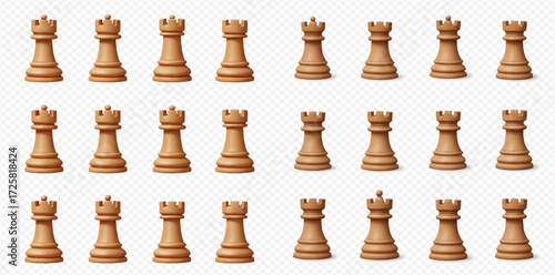 Multiple wooden chess rooks arranged in rows on a transparent background.