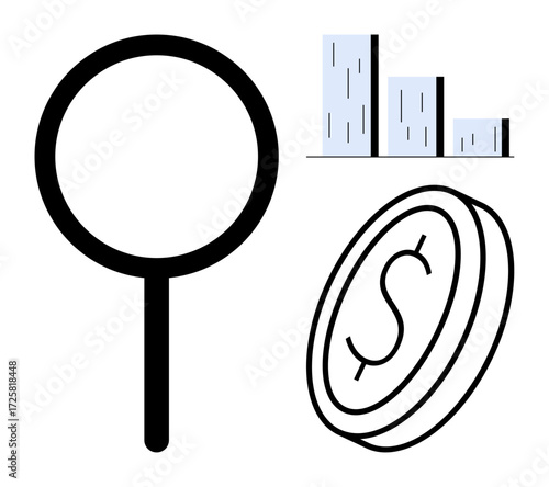 Magnifying glass examining dollar coin next to bar chart. Ideal for finance, analytics, economy, investment, business growth, auditing, research. A simple flat metaphor