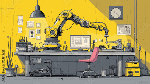 Robotic arm operating precision equipment in bright yellow industrial studio for marketing use.
