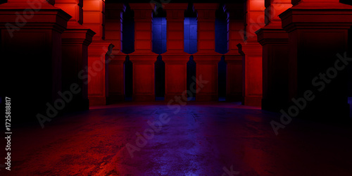 Medieval Crypt Underground Massive Concrete Cement Blocks Pillars Hallway Room Tunnel Corridor Bunker Hangar Realistic Stage Lights Empty Warehouse 3D Rendering