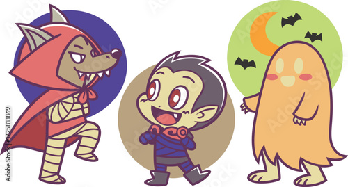 Halloween Kids in Costumes – Cute Vampire, Werewolf, and Ghost Vector Art