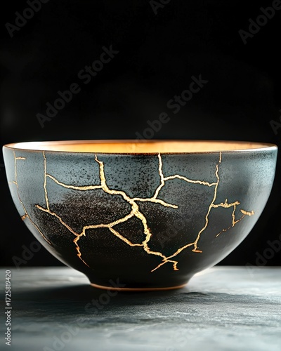 Dark ceramic bowl golden kintsugi cracks glowing light