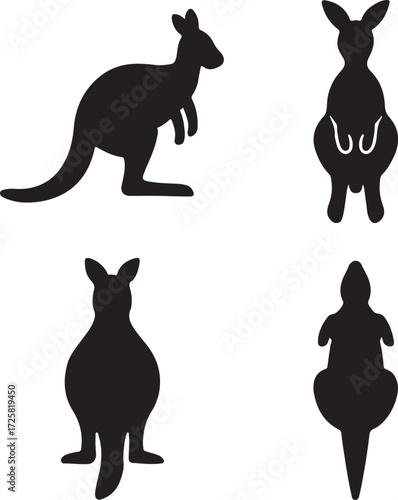 kangaroo silhouette icons set side, front, back, and top views vector art illustration