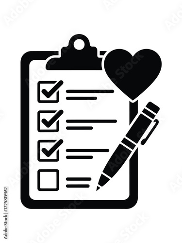 Heart symbol on clipboard with checklist and pen icon