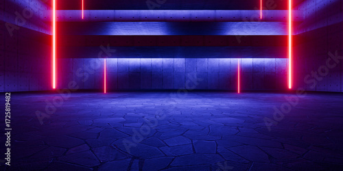 Modern Underground Massive Concrete Cement Blocks Hallway Room Tunnel Corridor Bunker Hangar Realistic Stage Lights Empty Warehouse 3D Rendering