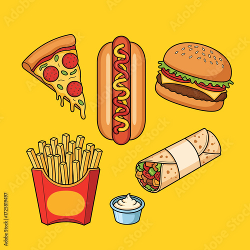Cartoon Fast Food Medley Pizza Slice Hotdog Burger Fries Wrap and Dip.