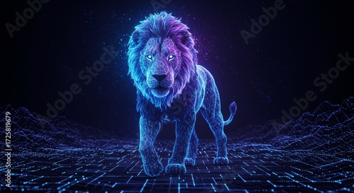 Majestic Lion - A stunning of a lion, in vibrant blue and purple hues, walking across a gridded landscape