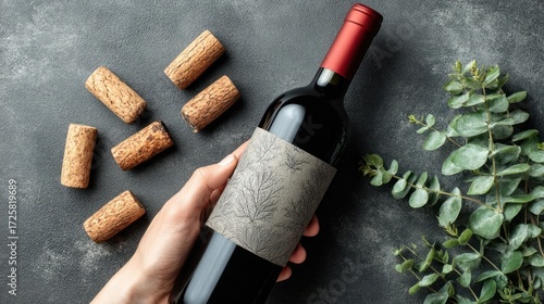 A hand holds a bottle of red wine with a decorative label, surrounded by wine corks and eucalyptus sprigs, on a dark gray textured surface.