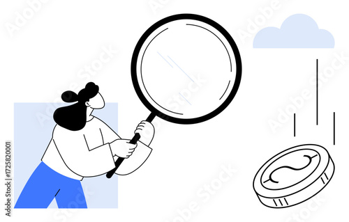 Woman holding magnifying glass analyzing a falling coin, symbolizing financial scrutiny, decision-making, and opportunity. Ideal for finance, analysis, growth, investment, choices problem-solving