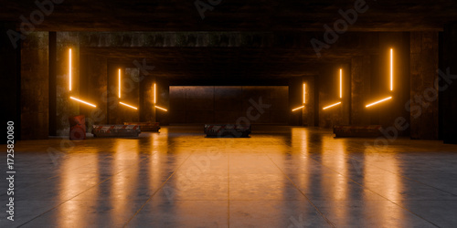 Neon Laser Lights Underground Massive Concrete Cement Blocks Roadblocks Hallway Room Tunnel Corridor Bunker Hangar Realistic Stage Empty Warehouse 3D Rendering