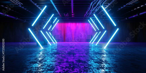 Modern Alien Tunnel Corridor Spaceship Red Glow Lasers Room Garage Hangar Warehouse Sci Fi Futuristic Metal Mesh Panels Structure Stone Floor Showroom Garage Lights 3D Rendering