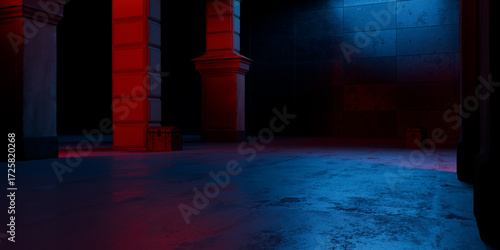 Medieval Egyptian Underground Massive Concrete Cement Blocks Pillars Hallway Room Tunnel Corridor Bunker Hangar Realistic Stage Lights Empty Warehouse 3D Rendering