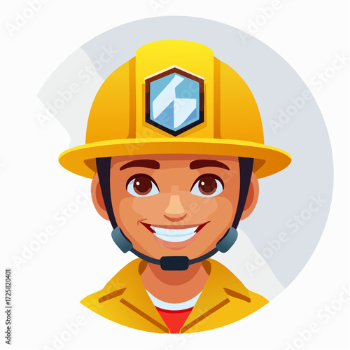 Brave Protector: A digitally rendered illustration of a smiling, friendly, firefighter character ready to serve, wearing protective gear