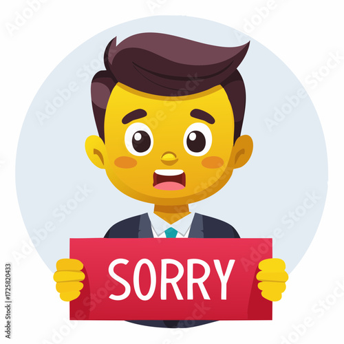 Sorry Expression: An empathetic illustration showcases a young person offering an apologetic expression while holding a sign to convey sorrow for a given incident.