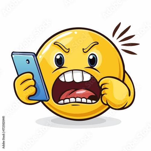 Angry Emoji: A digitally illustrated emoji of fury, eyes narrowed and mouth agape in a scream, clutching a phone.