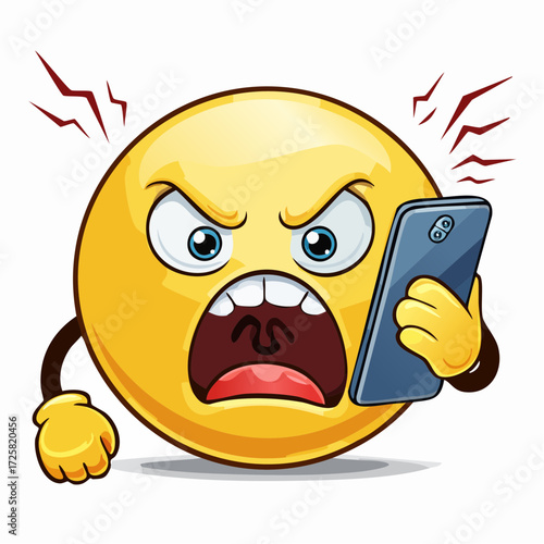 Digital Rage Emoji: An emoji expressing digital anger and frustration, with an animated portrayal of a yellow circle character, smartphone in hand and displaying intense fury.