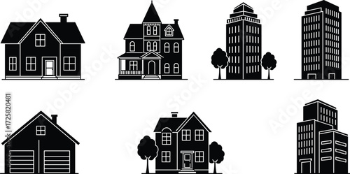 Black house and building silhouettes vector set with modern homes, villas, apartments, offices, city architecture icons