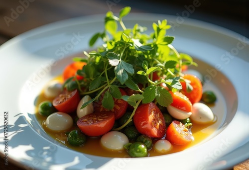 Vibrantly Plated Plant-Based Culinary Creation Garnished with Fresh Herbs on White Porcelain