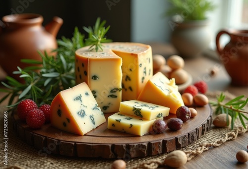 Visually Stunning Artistry of Rustic Natural Cheese Under Soft Lighting with Accompaniments