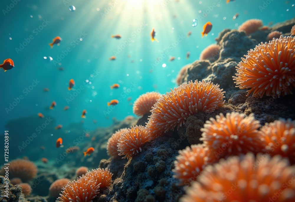 Obraz premium Serene Underwater Scene Vibrant Coral Reef Marine Life Schools of Fish Colorful Aquatic World Tranquil Ocean Depths