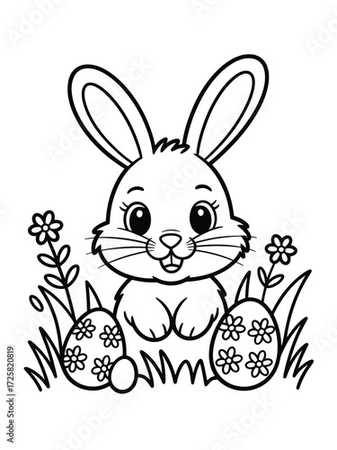 Cute easter bunny surrounded by flowers and decorated eggs coloring page