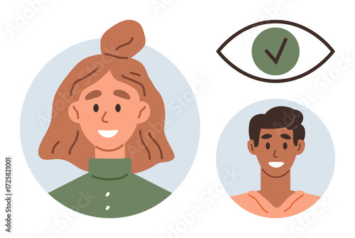 Smiling people in circles and an eye with a check mark symbolize identity verification, approval, trust, profile validation, security, accessibility, and user recognition. Flat, simple metaphor