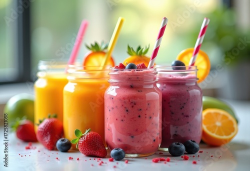 Vividly Colored Smoothies in Glass Jars Refreshing and Invigorating Vibrant Healthy Beverage Series