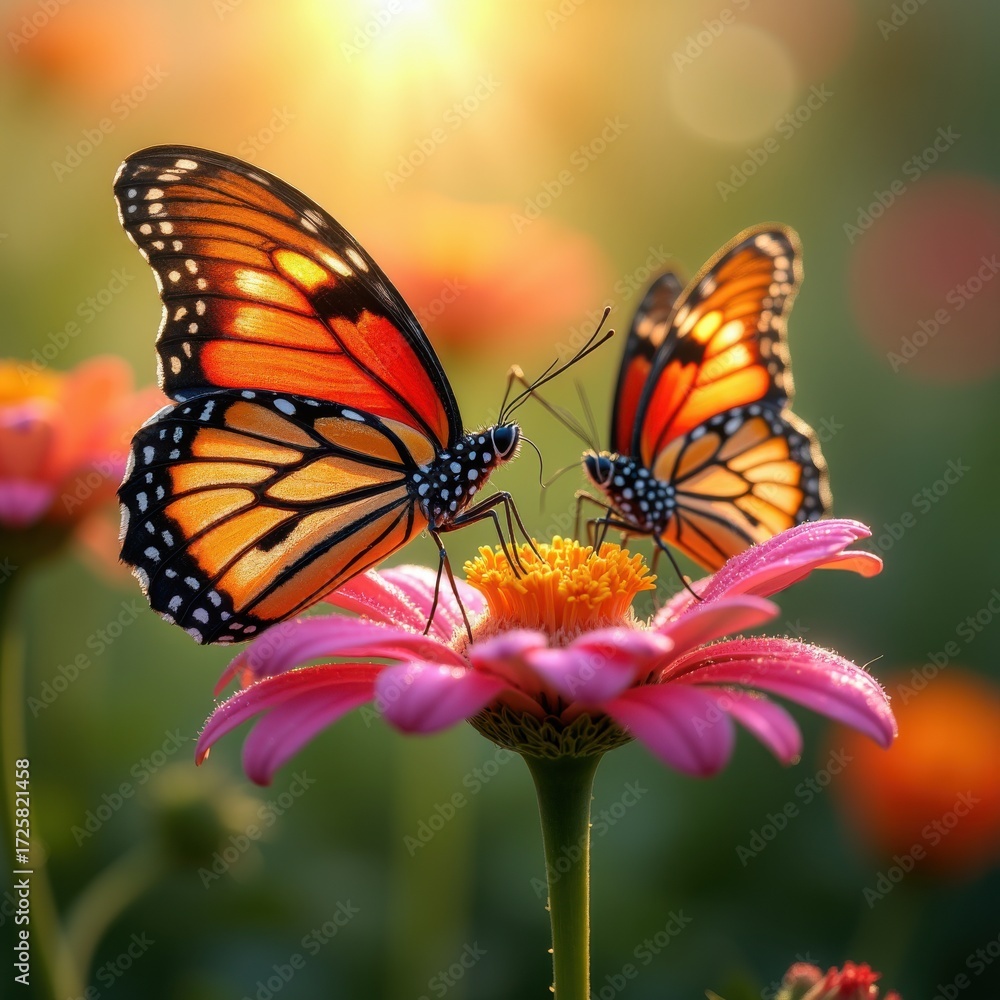 Naklejka premium Vibrant Butterflies Close-Up on Fresh Colorful Flowers Captivating Nature Beauty and Serenity in Blooming Gardens