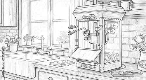 Detailed popcorn machine illustration on a kitchen counter