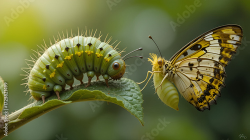 A photo of a caterpillar nibbling on a leaf, with a butterfly emerging from its cocoon nearby
