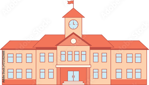 Flat vector illustration of a school building with clock tower, red roof, symmetrical design, and classroom