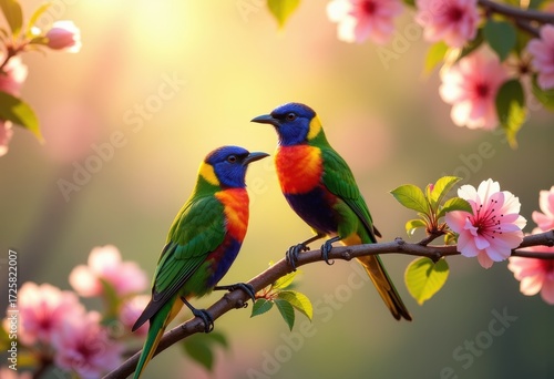 Vibrant Colorful Birds Perched on Lush Blooming Branches in a Blooming Spring Landscape